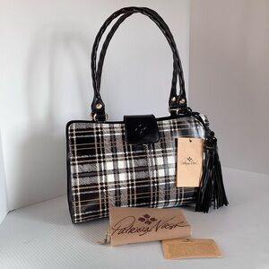 Patricia Nash Rienzo Black White Plaid Leather Satchel Bag NWT $249